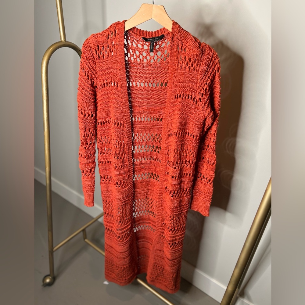 BCBG MAXAZRIA GINGER SPICE OPEN-STITCH LONG CARDIGAN DUSTER SWEATER